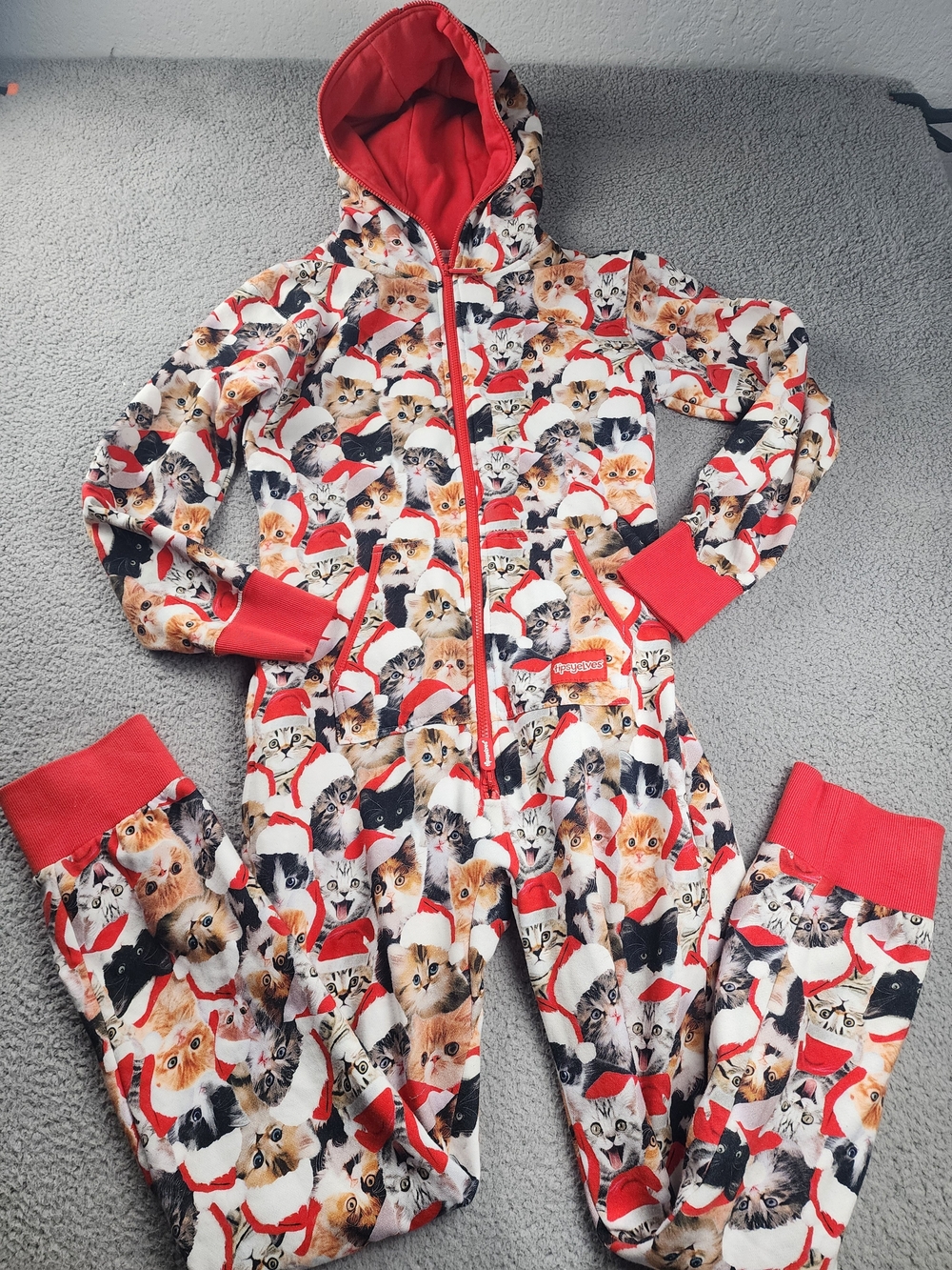 Tipsy Elves Jumpsuit Cats Small Pajamas PJ Christmas Cat Zip Meowy Catmus NEW